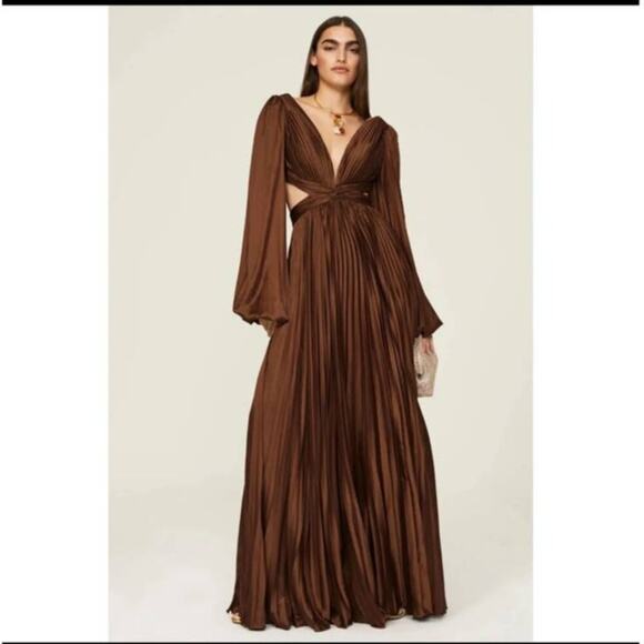 Ieena for Mac Duggal Brown Long Sleeve Pleated Full Skirt Cut Out Sides Gown 6 - Picture 2 of 16